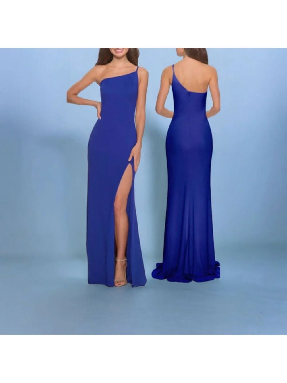 NWOT La Femme Blue One Shoulder Jersey Maxi Dress Size 6